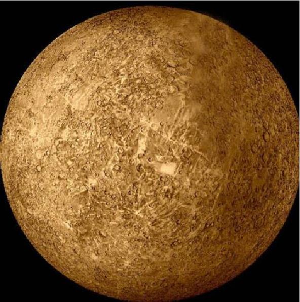 Orange picture of one hemisphere of the planet Mercury's cratered surface